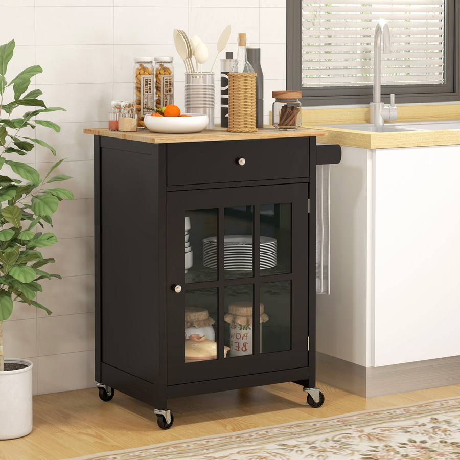 HOMCOM Küchenwagen aus Gummibaumholz mit Schublade und Rollen, Schwarz und Eiche, B/T/H: 67 x 48 x 86,5 cm - Bild 2