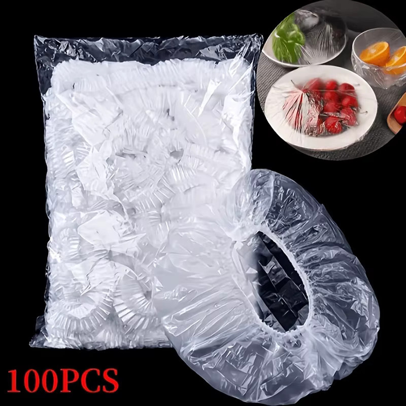 100 Stück transparente Einweg-Kunststofffolie aus lebensmittelechtem Kunststoff zur Aufbewahrung von Obst und Gemüse sowie als Staubschutz für Schüsseln und Teller - Bild 3
