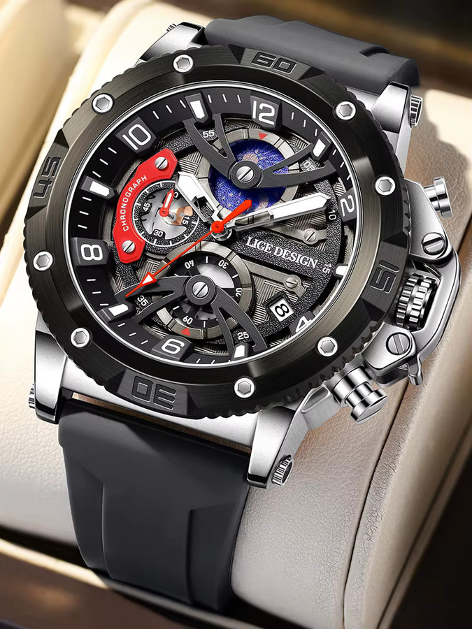 LIGE Armbanduhr Chronograph, Quarz, Silikonarmband, Schwarz, Herren - Bild 4