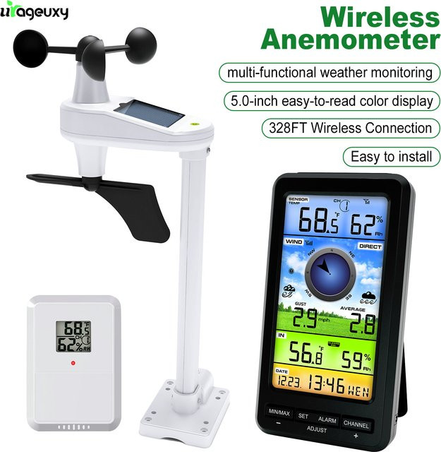 Urageuxy Drahtlose Anemometer-Wetterstation in Weiß mit digitalem Thermometer, Hygrometer und Windrichtungs-Solarsensor (Kein WLAN) - Bild 1