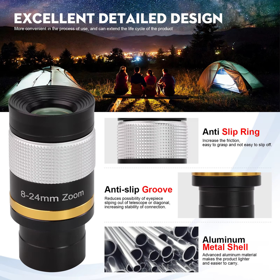 Datyson HD-Zoom-Okular mit 8–24 mm Weitwinkel und mehrfach beschichtetem Objektiv für astronomische Teleskope, 1,25 Zoll (31,7 mm) Schnittstelle, Schwarz/Silber - Bild 5