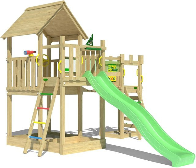 Jungle Gym Spielturm Lookout aus Holz mit Wackelbrücke, Kletterrampe und Rutsche in Hellgrün - Bild 1