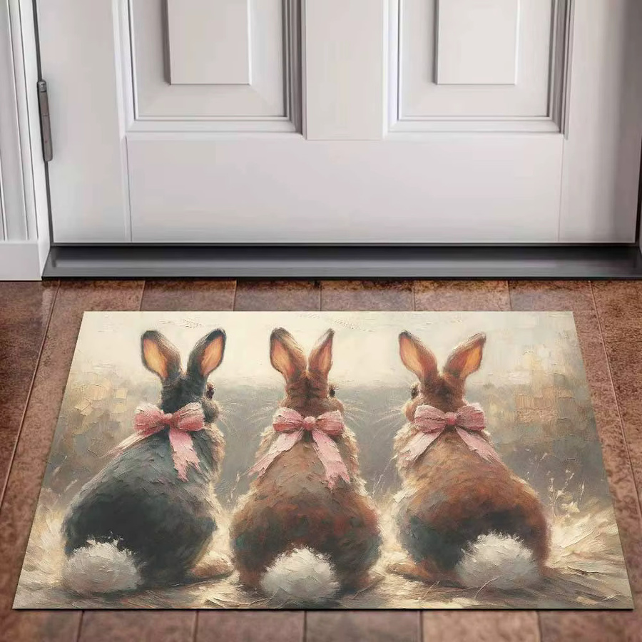 Rutschfeste Fußmatte mit Hasenmuster und rosa Schleife in Mehrfarbig, B/T: 60 x 40 cm - Bild 1