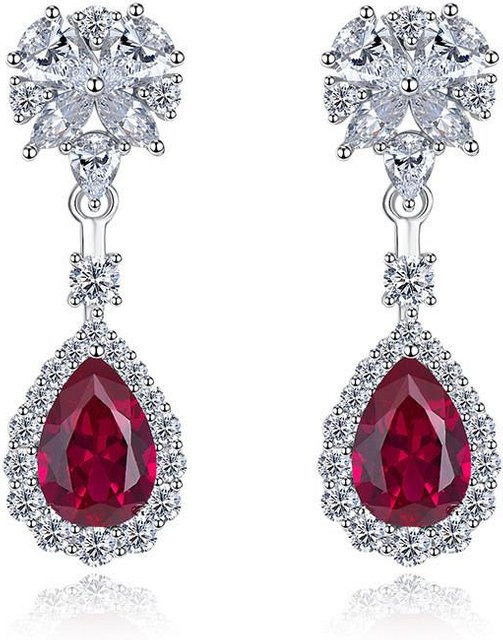 YIRAN Jewelry Hängeohrringe, Sterling Silber, rote CZ, Damen, Blumendesign - Bild 1