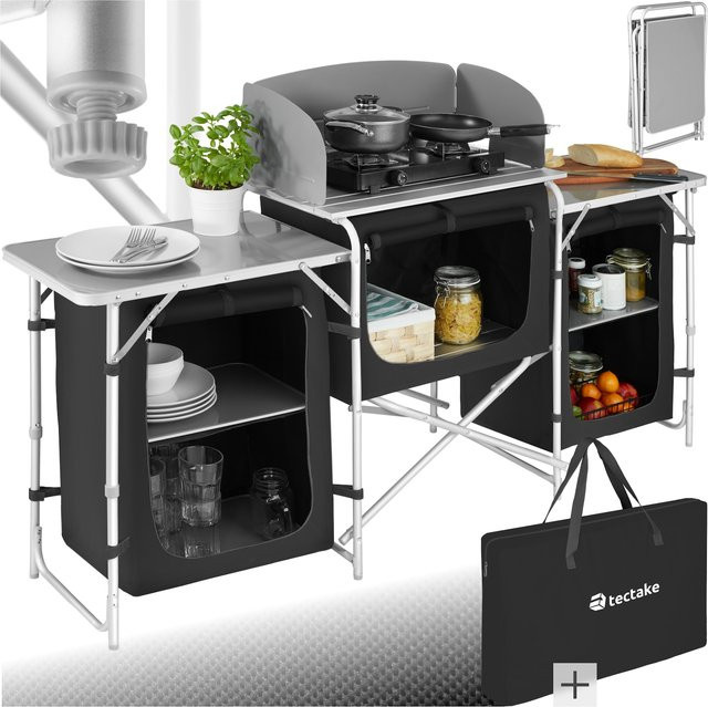 tectake Campingküche XXL Schwarz mit Aluminiumgestell, 5 Fächern und Windschutz, faltbar, B/T/H: 172 x 52 x 104 cm - Bild 1