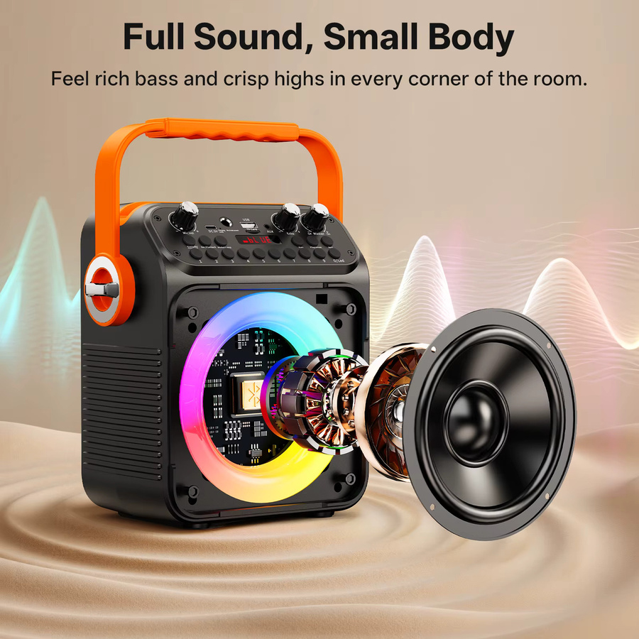 FanFun Tragbare Bluetooth Karaoke-Maschine mit 2 kabellosen Mikrofonen und LED-Lichtern in Schwarz, unterstützt USB, TF, REC, FM und AUX - Bild 2