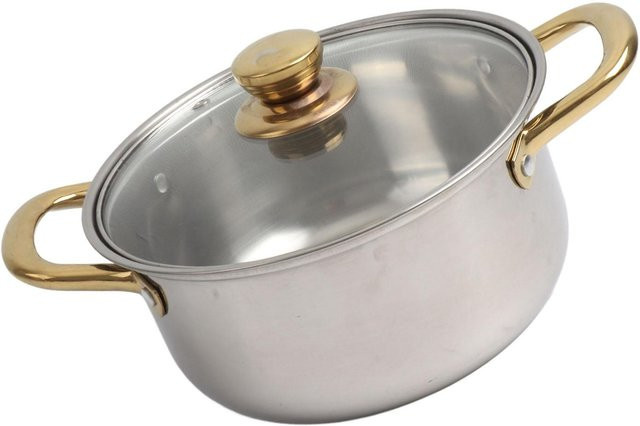 Nensit Edelstahl Kochgeschirr Set in Grau mit goldenen ergonomischen Griffen und Glasdeckeln - Bild 1