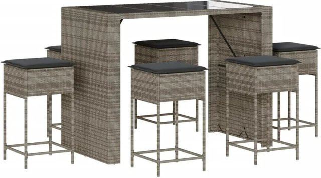 vidaXL 7-tlg Gartenbar-Set aus grauem Poly-Rattan mit Kissen und Hartglas-Tischplatte - Bild 1