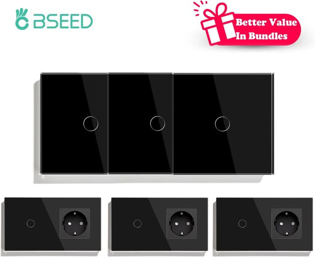 BSEED Touch-Schalter 1-fach 1-Wege in Schwarz aus Kristallglas mit schwachblauer LED-Hintergrundbeleuchtung, wasserdicht, einphasig - Bild 1
