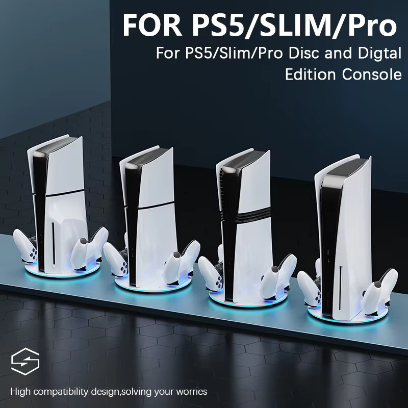 HONCAM Vertikaler Konsolenständer für PS5, PS5 Pro und PS5 Slim mit RGB-Beleuchtung und zwei USB-Ladesteckplätzen für Controller und Edge Controller in Schwarz oder Weiß - Bild 2