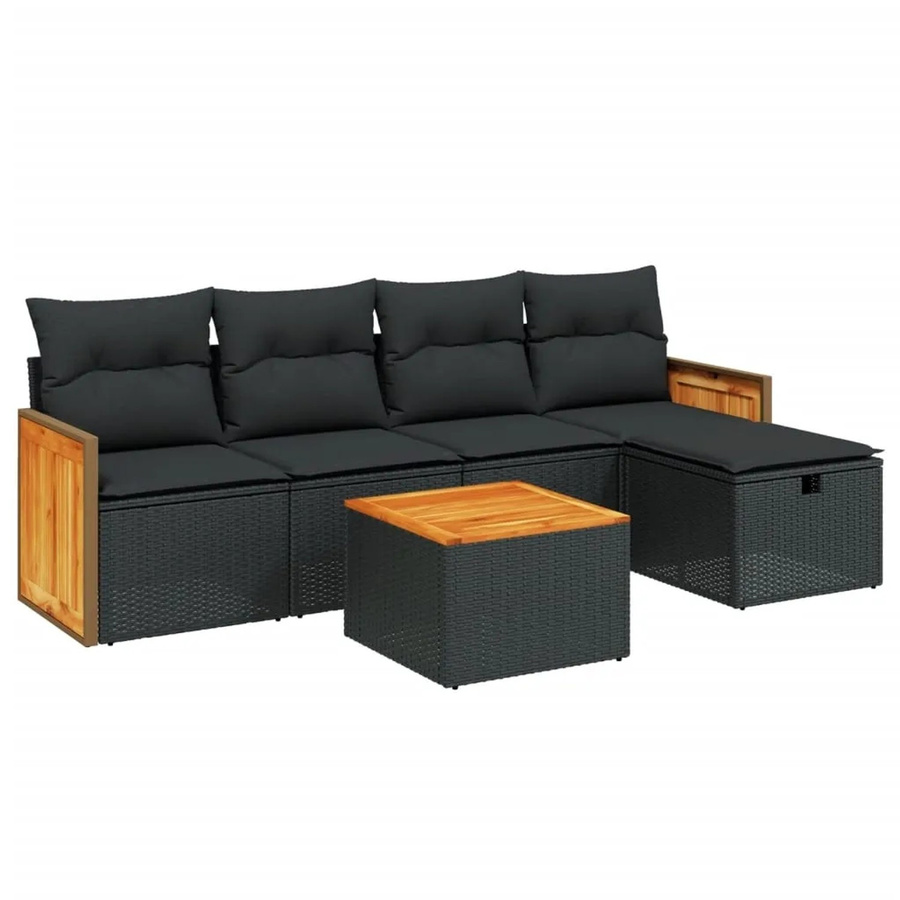 vidaXL 6-tlg Garten-Sofagarnitur in L-Form mit Polsterkissen und Couchtisch, Schwarz - Bild 2