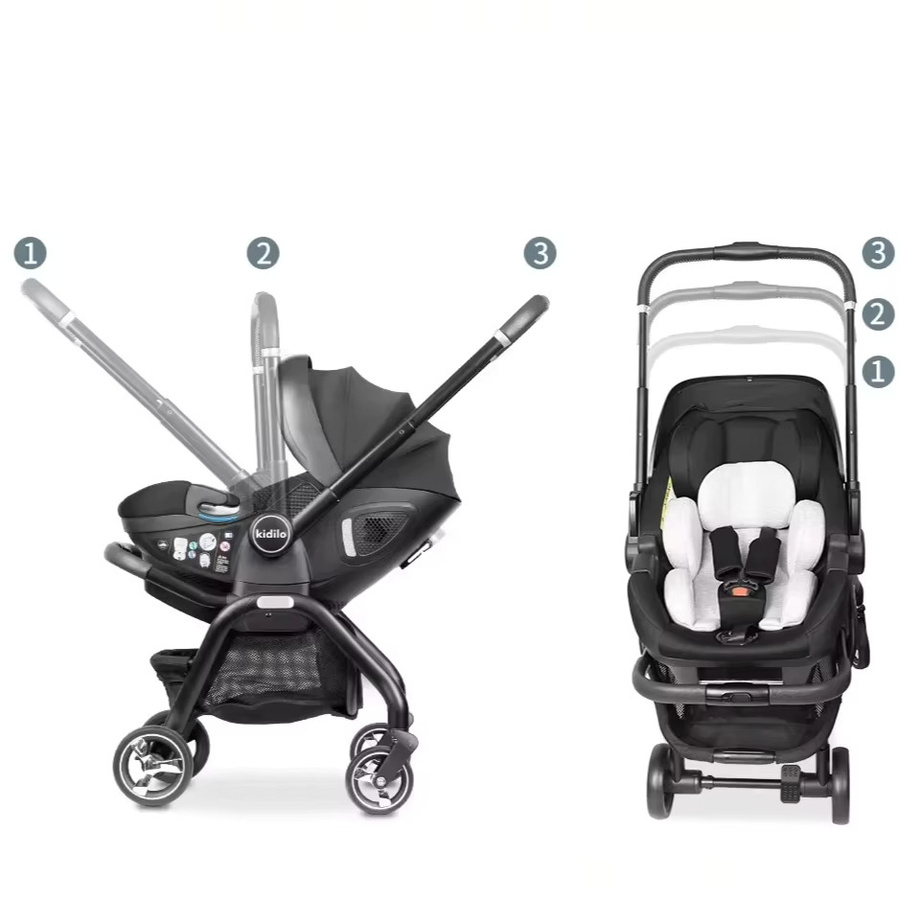 Kidilo 3-in-1 Kombikinderwagen mit Schlafkörbchen und Babyschale in Grün mit verstellbarem Griff - Bild 4
