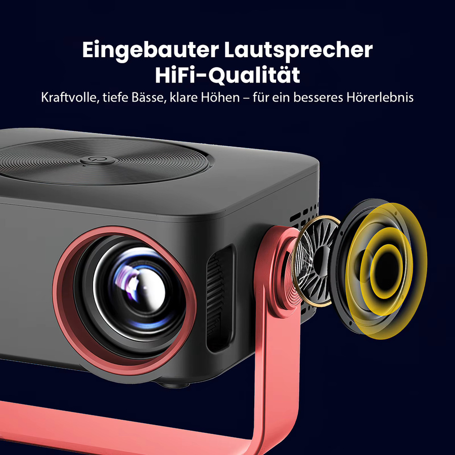 Tragbarer Mini Beamer in Schwarz mit 1080P Full-HD Decoding, Smartphone-Spiegelung und integriertem Lautsprecher inklusive verstellbarem Ständer - Bild 4