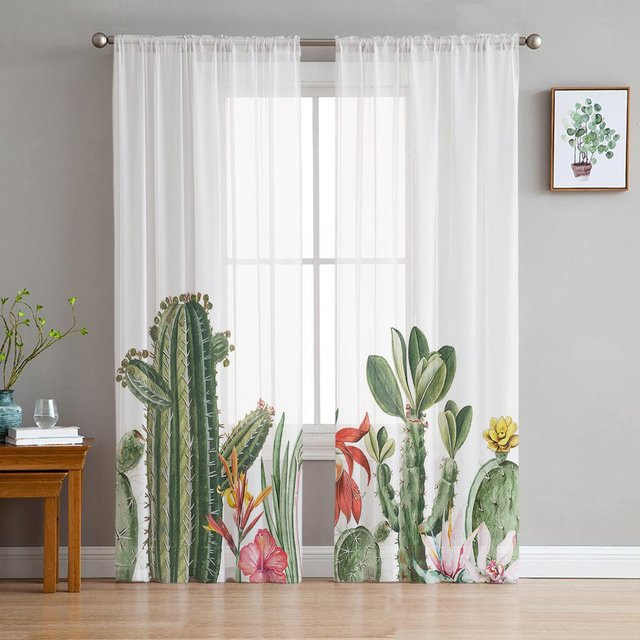 Transparente Tüll-Vorhänge mit Kaktus und tropischem Blumenmuster in Weiß, Breite: 135 cm, Höhe: 115 cm - Bild 1