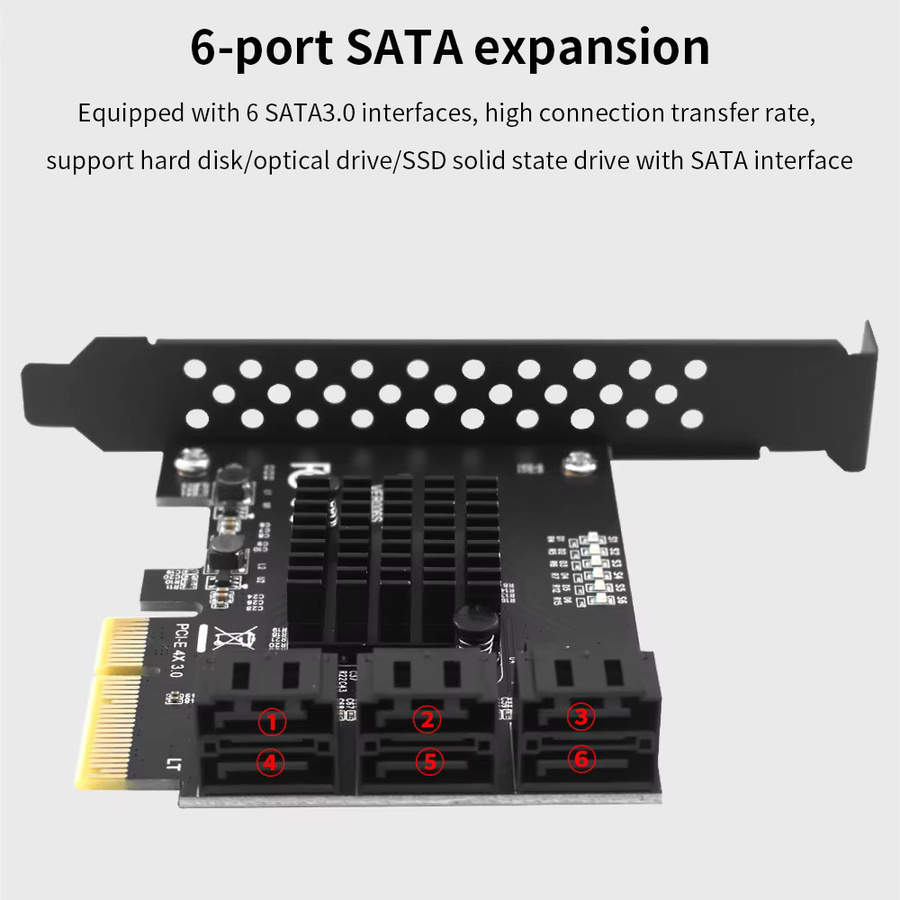 TISHRIC PCIe SATA 3.0 Erweiterungskarte mit 4 bis 6 Ports, 6 Gbit/s Controller für HDD und SSD, Schwarz - Bild 3