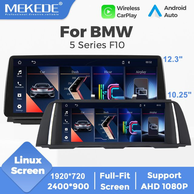 MEKEDE Kabelloses CarPlay und Android Auto Autoradio Multimedia-Player mit 12,3 Zoll HD-Display und Linux-System für BMW 5er Serie F10 F11 2012-2017 CIC NBT in Schwarz - Bild 1