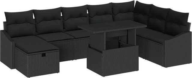 vidaXL Garten-Sofa-Set 9-teilig aus Poly Rattan und Stahl in Schwarz mit Polstern und Tisch - Bild 1