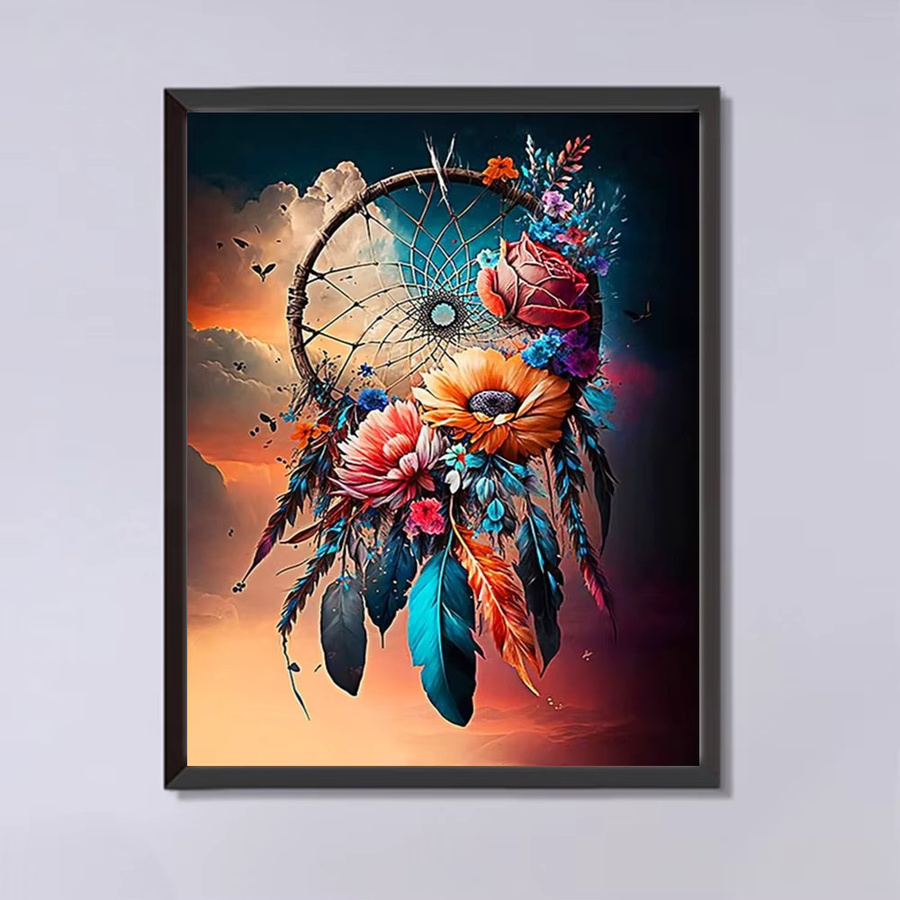 Momoart Diamantmalerei Dreamcatcher DIY mit Blumen und Federn in Multicolour, runde Wanddekoration im Boho-Stil, Durchmesser: 20 cm - Bild 4