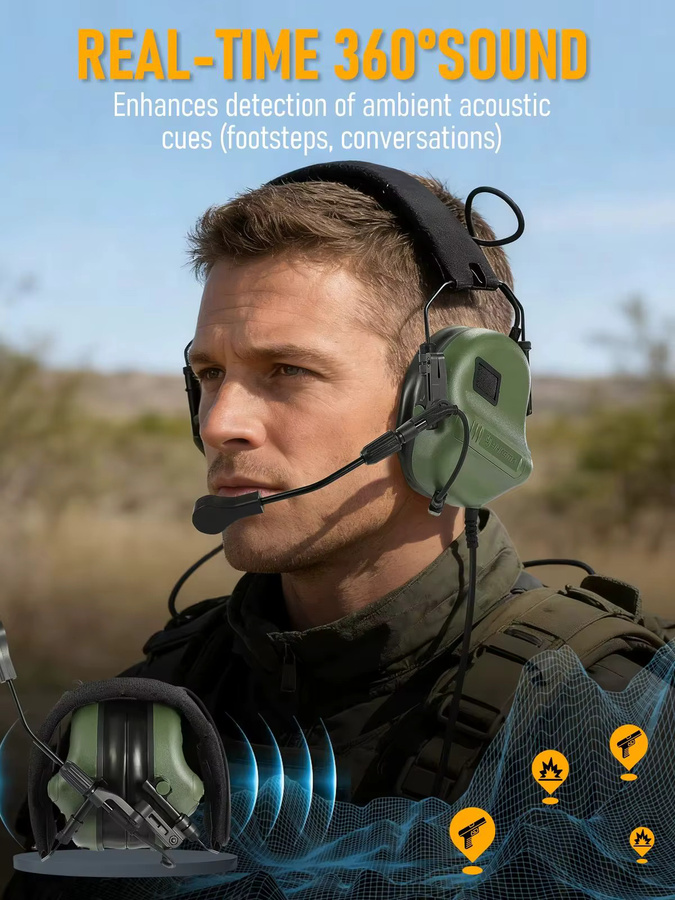 YHKEMA E70 Taktisches Schieß-Gehörschutz Headset mit Helm-ARC-Schienenadapter und Kenwood PTT-Adapter in Braun - Bild 6
