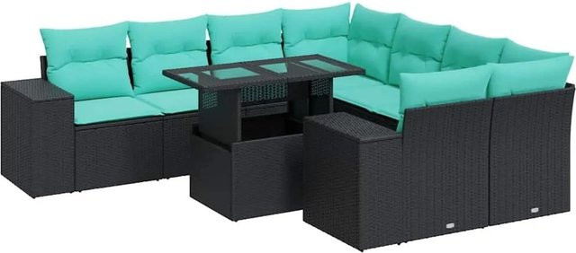 vidaXL 9-teilige Garten-Sofagarnitur aus Poly-Rattan mit Kissen in Schwarz, Blau und Türkis - Bild 1