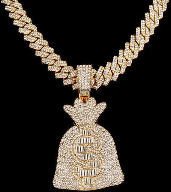 YIRAN Halskette mit Dollarzeichen Anhänger und Kubanischer Kette, Messing, Gold, Zirkonia, Unisex - Bild 1