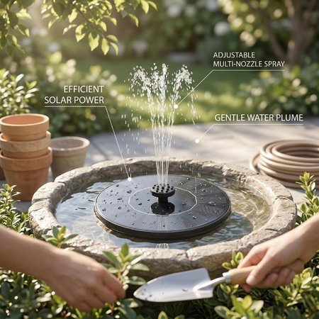 Fishine Solarbrunnen mit 6 Düsen für Garten, Teich und Pool, Solarbetriebene Vogeltränke für Außen, Durchmesser: 16,0 cm
