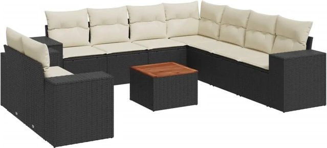 vidaXL 10-tlg. Garten-Sofagarnitur in L-Form aus Polyrattan und pulverbeschichtetem Stahl mit Kissen in Schwarz - Bild 1