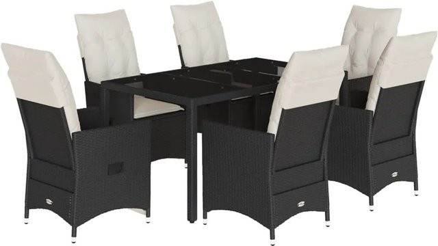vidaXL 7-tlg Garten-Essgruppe aus Poly-Rattan und Stahl mit Hartglas-Tischplatte und Kissen in Schwarz - Bild 1
