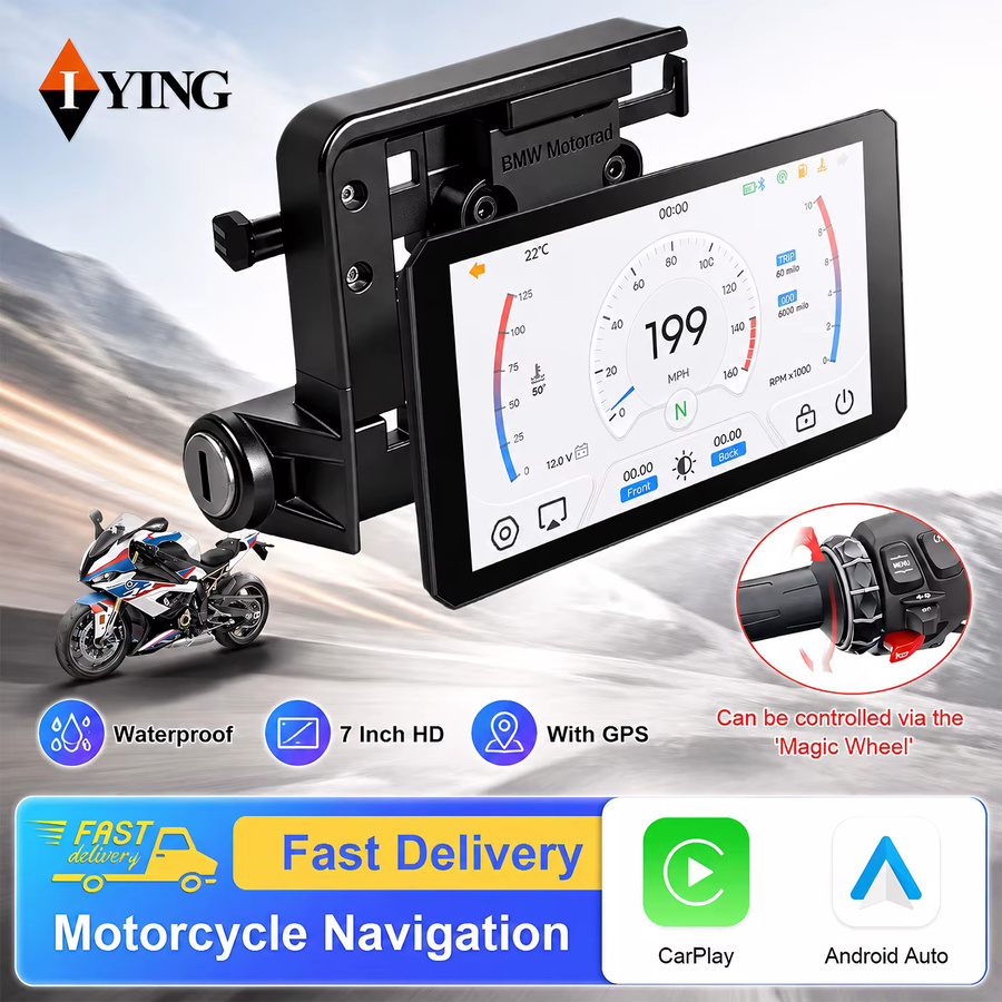 IYING 7 Zoll Motorrad CarPlay Display mit Android Auto und GPS, IP67 wasserdicht, kompatibel mit BMW R1250GS R1300GS R1200GS und Wonder Wheel, Schwarz - Bild 2