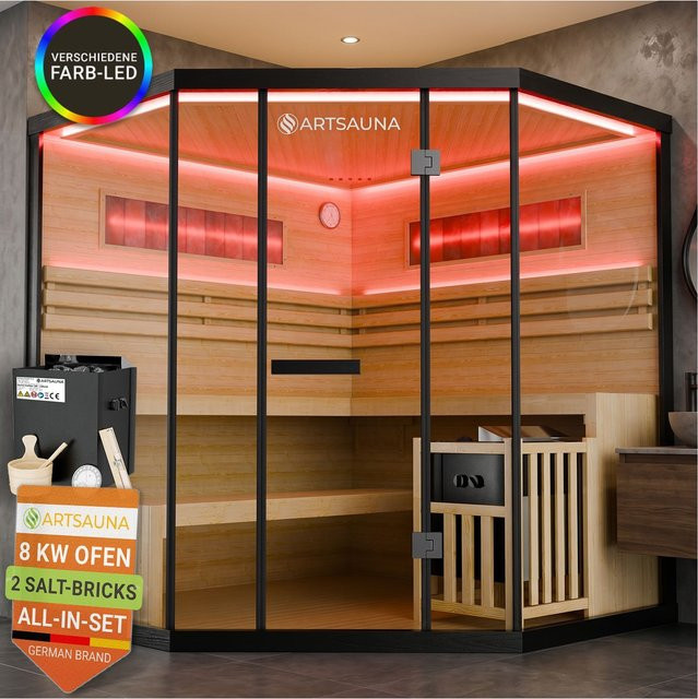 ARTSAUNA Traditionelle Sauna Vantaa Indoorsauna für 4 Personen aus Hemlock Holz in Schwarz mit 8 kW Saunaofen, Sicherheitsglas und RGB LED Beleuchtung - Bild 1