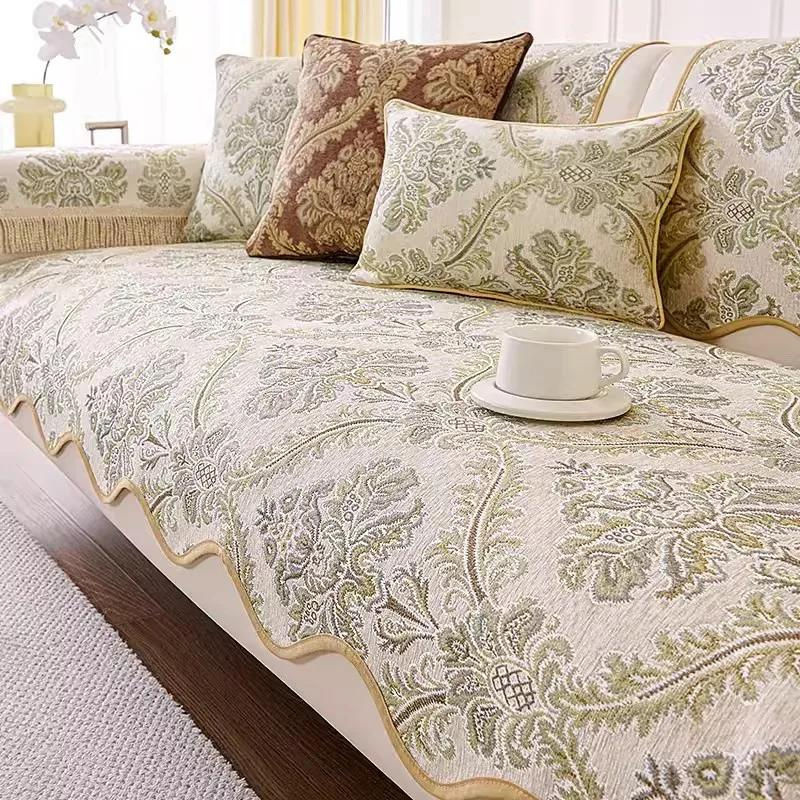 Chenille Sofakissen mit floralem Jacquard-Muster und französischer Wellenkante in Blau, B/H: 65 x 58 cm - Bild 3