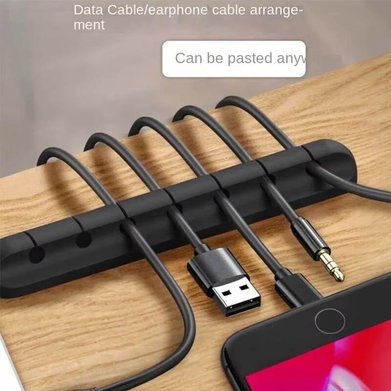 Selbstklebender Kabelmanager aus Silikon in Schwarz als Desktop-Organizer mit Fixierhalterung für Mauskabel, Headset und Handy-Datenkabel - Bild 2