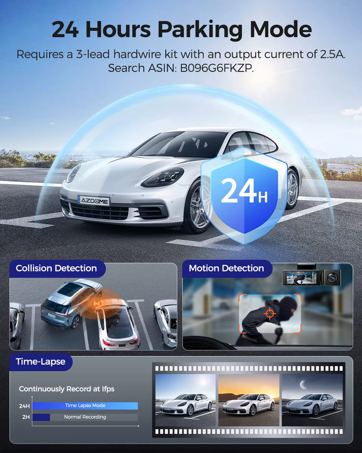 AZDOME M550 Max Dash Cam mit 4K Auflösung, GPS und WiFi, 150 Grad Sichtfeld, 24H Parkplatz-Überwachung und Nachtsicht, Schwarz - Bild 6