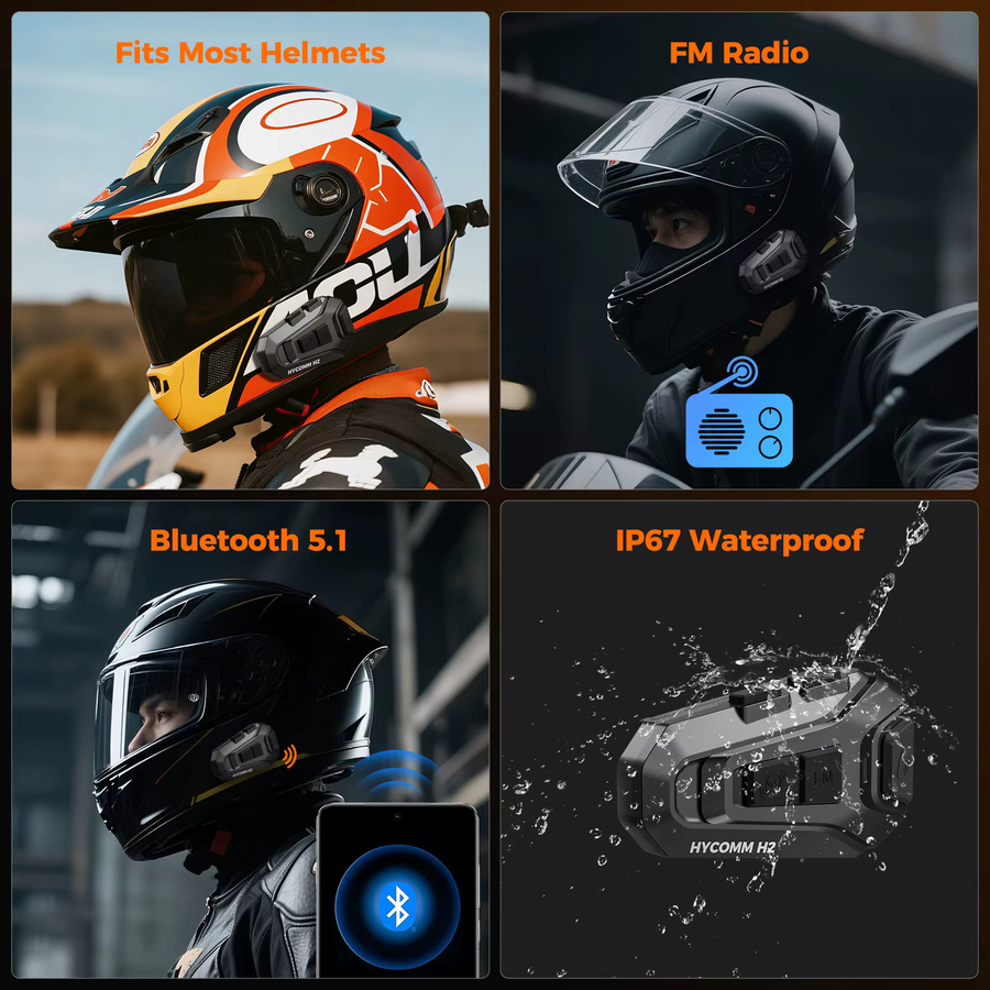 HYCOMM H2 Motorrad-Bluetooth-Headset in Schwarz mit 2-Wege-Helm-Gegensprechanlage, 35 Stunden Akkulaufzeit, IP67 wasserdicht und DSP CVC Geräuschunterdrückung - Bild 6