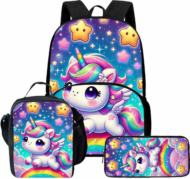 3-teiliges Set Schulrucksack mit Brotdose und Federmäppchen im Einhorn-Print für Jungen und Mädchen, mehrfarbig - Bild 1