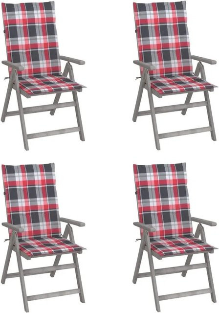vidaXL Set aus 4 verstellbaren Hochlehner-Gartenstühlen aus Massivholz Akazie mit Auflagen in Grau und Rot - Bild 1