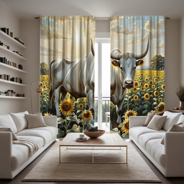 2er-Set dekorative Sonnenblumen Vorhänge mit Wolken-Motiv, Gelb-Weiß-Schwarz, B: 132 cm, H: 160 cm - Bild 1