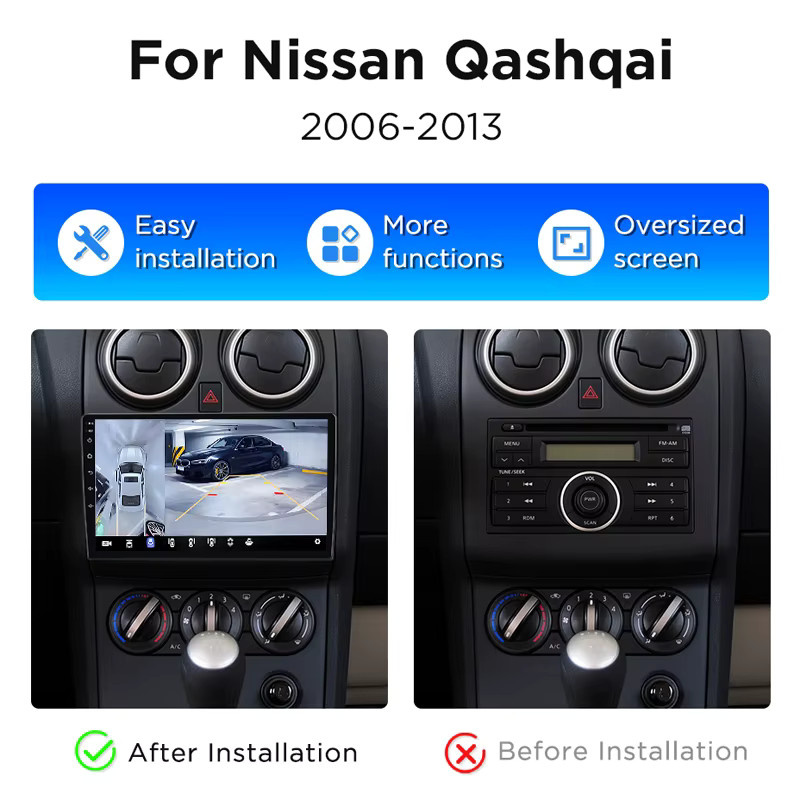 Junsun 8-Core Android Auto Radio mit 360° Panorama Kamera und GPS für Nissan Qashqai J10 2006-13, Schwarz, Wireless CarPlay - Bild 2