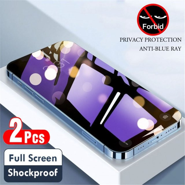 2 Stück lila Privacy Schutz Panzerglas mit Anti-BlueRay Filter für Apple iPhone 16 15 14 13 12 11 Pro Plus Mini - Bild 1