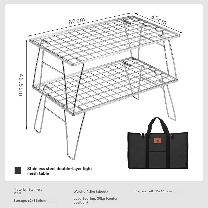 CAMPINGMOON T-235A-2T Camping-Grill-Aufbewahrungstisch aus silbernem Edelstahl, doppelschichtiger Klapptisch für den Außenbereich - Bild 2