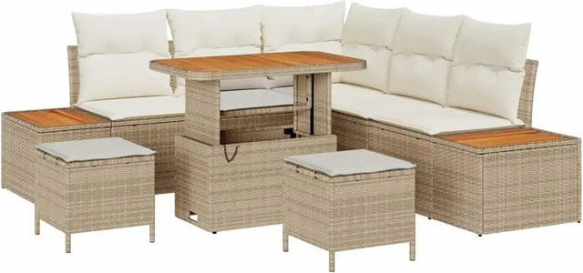 vidaXL Garten-Sofa-Set 8-tlg. aus Poly Rattan und Akazienholz in Beige mit Kissen für Garten und Terrasse - Bild 1