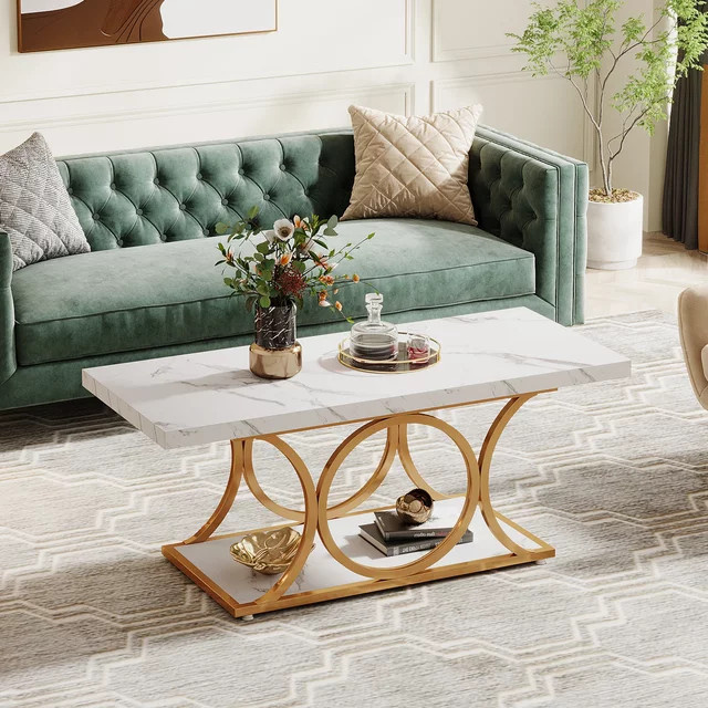 Tribesigns Rechteckiger Couchtisch aus Kunstmarmorholz in Weiß und Gold, moderner 2-stöckiger Couchtisch für dein Wohnzimmer - Bild 1