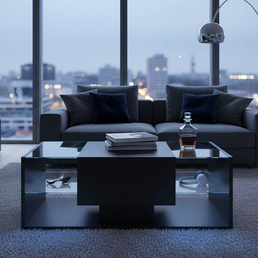 Moderner niedriger Couchtisch in Schwarz/Weiß glänzend mit 4 Regalen aus gehärtetem Glas, Schublade und RGB LED-Beleuchtung per App oder Fernbedienung - Bild 4