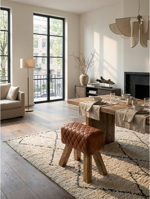 Sitzhocker KADIMA DESIGN aus Echtleder und Massivholz in Braun mit Rautenmuster, B/T/H: 40 x 48 x 27 cm - Bild 1