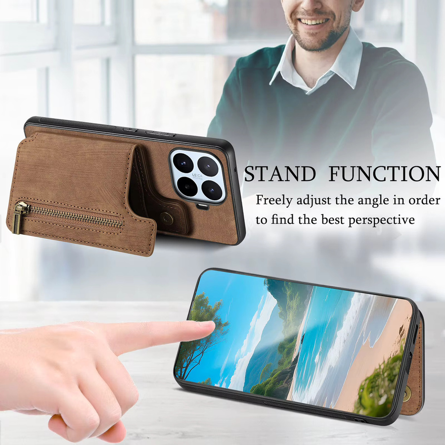Luxuriöse Leder-Handyhülle für Xiaomi 17T Pro 5G und Xiaomi 15T/15T Pro mit Reißverschluss-Brieftasche und Kartenhalter in Braun - Bild 3