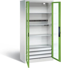 C+P Akku-Ladeschrank für 5 E-Werkzeuge mit 3 Schubladen und Sichtfenster, Viridingrün/Lichtgrau, H: 195,0 cm, B: 93,0 cm, T: 50,0 cm - Bild 1