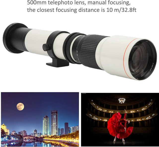 ZuiyouPet 500mm F8F32 Manuelles Teleobjektiv mit 2X Vergrößerungslinse für Canon EF Mount SLR, Weiß - Bild 1