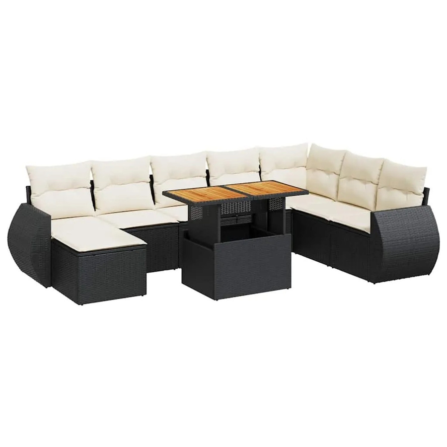 vidaXL 9-teilige Garten-Sofagarnitur aus Poly-Rattan und Akazienholz in Schwarz-Creme mit Kissen - Bild 2