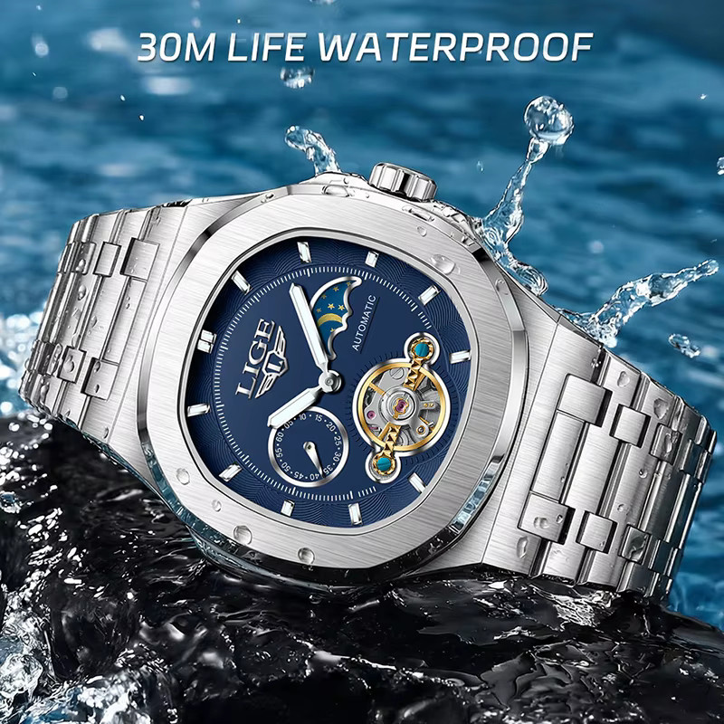 LIGE Armbanduhr Automatik, Edelstahl, Blau, Herren - Bild 4