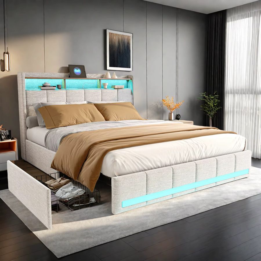 Rosahqnda Polster-Doppelbett in Beige mit Stauraum, 4 Schubladen und LED-Beleuchtung, B/T/H: 160 x 200 cm - Bild 1